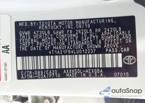 2020 Toyota Avalon Hybrid Xle z USA, uszkodzony, nr VIN 4T1A21FB4LU012237